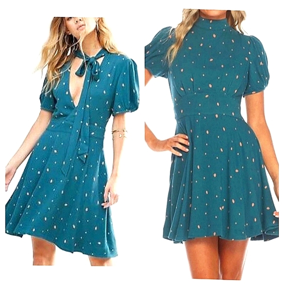 FREE PEOPLE ABBIE PRINTED MOCK NECK SHORT SLEEVE reversible MINI-DRESS Sz 10 - Picture 1 of 12